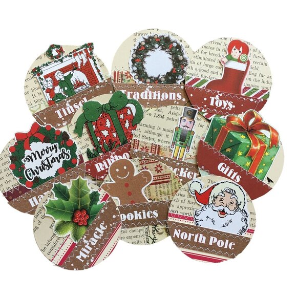 10 Christmas Junk Journal Ephemera Handmade Sewn Scrapbooking Embellishments mq - Picture 3 of 9